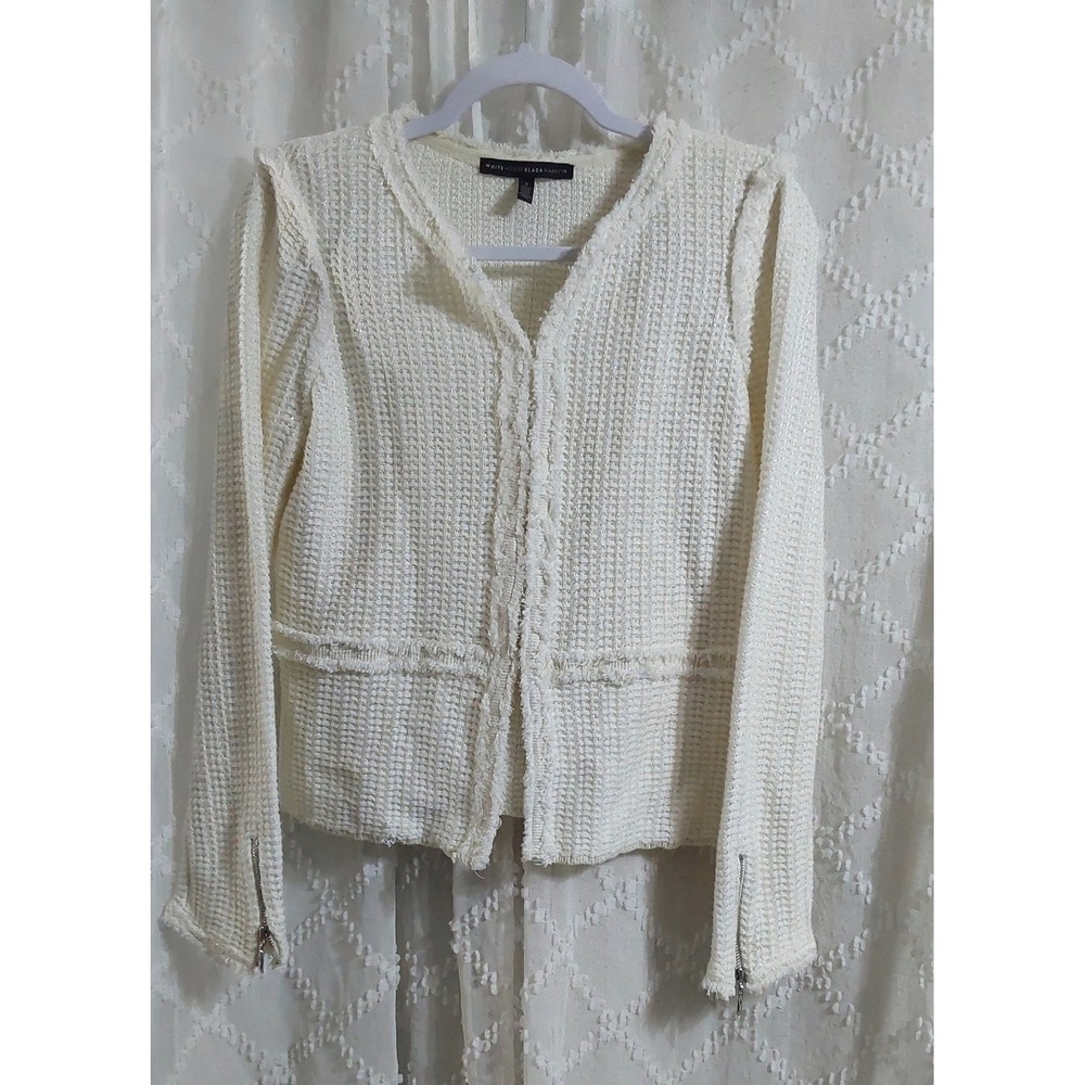 White House Black Market Cream Textured Knit Fringe Trim Cardigan Jacket Small